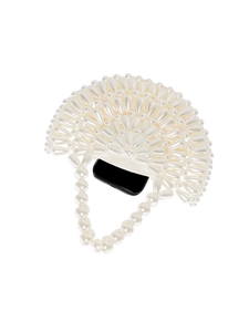 Elegant fan-shaped handmade pearl beaded handbag with silk lining and shoulder strap