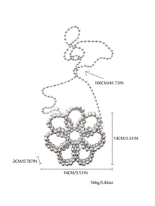 Detailed dimensions of silver beaded flower crossbody bag with 106cm strap length