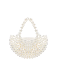 Elegant fan-shaped handmade faux pearl beaded handbag with large round top handles