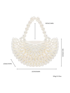 Handmade fan-shaped pearl beaded handbag for women with dimensions 22x12cm