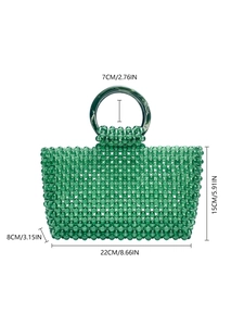 Dimensions détaillées du sac à main en perles vertes montrant largeur 22cm et hauteur 15cm