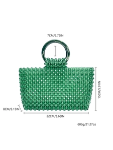 Dimensions détaillées du sac à main en perles acryliques vertes avec mesures et poids