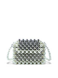 Hand Woven Beaded Crossbody Bag Faux Artificial Pearl Silver Beads Mini Flap Elegant Evening Handcrafted Purse For Women