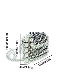 Handmade woven beaded crossbody bag with white faux pearls and 17x11cm size dimensions