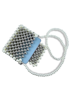 Handmade beaded crossbody bag with white pearls and silver metal beads for smartphones
