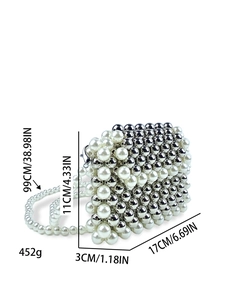 Handmade beaded crossbody bag with white pearls and silver beads showing dimensions