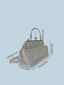 Handmade silver beaded handbag with lattice design, metal handle and crossbody strap