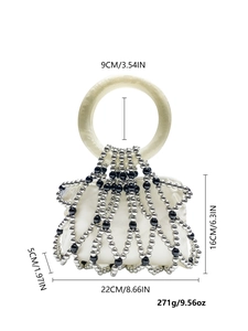 Detail view of handmade beaded woven handbag with size dimensions and handle specifications