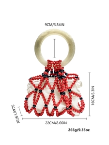 Detailed view of handmade beaded handbag showing dimensions and retro woven texture