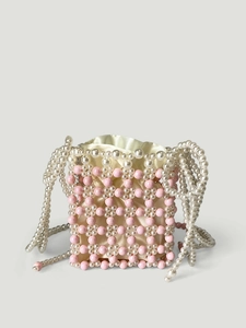 Mini Sac Bandoulière Künstliche Perle Fait Main Sac À Main Seau Tissé Douce Pour Téléphone Doublure En Satin Femme Élégant Style INS