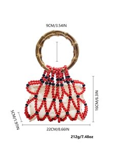 Handmade beaded handbag with red and black mesh, bamboo handle and size specs