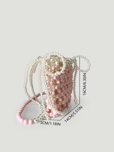 Sac à main artisanal en perles roses et blanches avec motif tissé pour femme, 16cm de haut