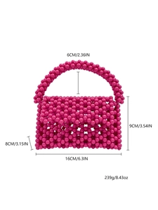 Detail showing dimensions of the rose pink beaded acrylic handbag with woven texture