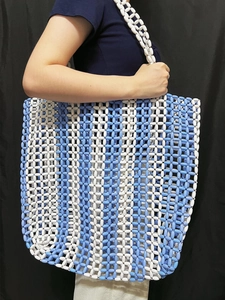 Sac fourre-tout tissé à perles rayé bleu et blanc, grand sac de plage pour femme