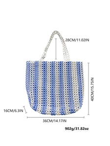 Dimensions détaillées du sac cabas perlé à rayures bleues et blanches avec mesures