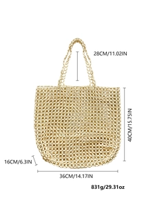 Tableau des tailles détaillé avec dimensions et poids du sac cabas tissé en perles