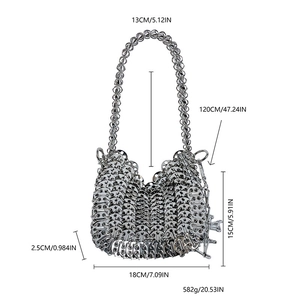 Detailed size chart for silver metal chain link handbag with industrial ring design
