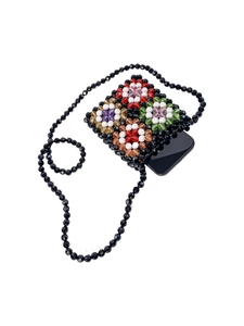 Handmade beaded crossbody phone bag with colorful flower patterns and long strap