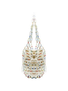 Handmade beaded beach tote with white spindle beads and colorful accents in a bucket style