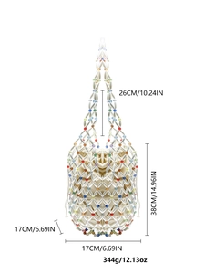 Handmade beaded bucket bag with colorful accents and white woven pearls for summer beach style