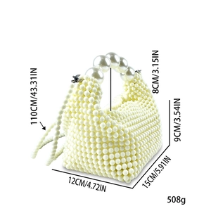 Detailed dimensions of white pearl woven handbag with sizes for handle, body and chain