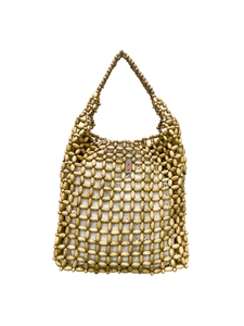 Olive green handmade wooden bead tote bag with white drawstring inner pouch on white background