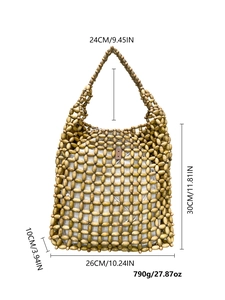 Detailed size specifications of the handmade wooden bead woven tote with interior lining