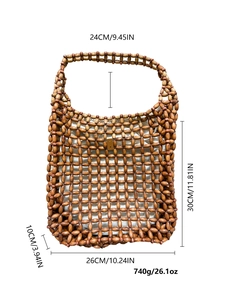 Detailed size specifications for a brown handmade woven wooden bead tote bag