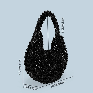 Detailed size specifications of the black beaded acrylic handbag with dimensions shown