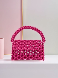 Handmade Beaded Handbag Hot Pink Acrylic Beads Retro Hollow Woven Mini Top Handle Bag Women Fashion Candy Color