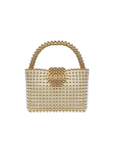 Sac à main de soirée fait main en perles dorées avec poignée incurvée de style vintage