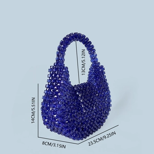 Detailed size specifications for handmade blue acrylic beaded handbag on blue background