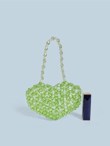 Petit sac à main perlé vert en forme de cœur pour fille avec une poignée en perles chic