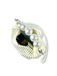 Elegant white handmade pearl woven mini bag with large bead handle for formal occasions