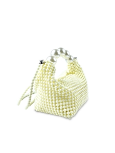 Handcrafted cream pearl beaded handbag with large pearl handle and crossbody strap