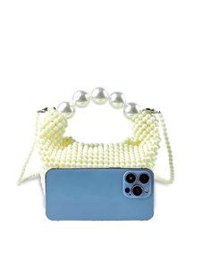 Elegant pearl woven handbag with large bead handle and crossbody strap on white background