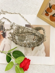 Handmade silver metallic chainmail bag with shiny sequins and long shoulder strap