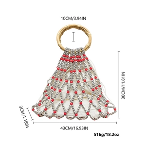 Detailed size chart of handmade pearl mesh tote bag with bamboo handles and inner bag