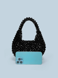 Exquisite handmade black acrylic beaded handbag with U-shaped design and smooth beads