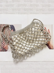 Silver beaded woven net handbag with satin lining for women, chic trendy shoulder bag