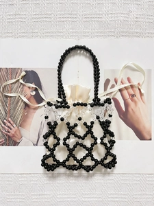 Handmade beaded woven handbag with clear and black beads and satin drawstring pouch