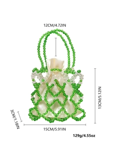 Detailed dimensions of handmade green beaded handbag with white satin drawstring liner