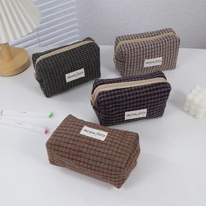 Houndstooth Grid Pencil Case Portable Polyester Makeup Bag Zipper Cosmetic Pouch For Students Ins Style Storage Organizer