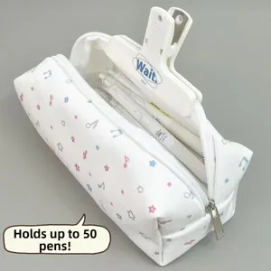 Large capacity white pencil case with star pattern holding pens and a 'Wait' clip