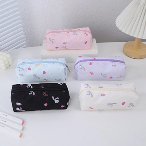 Floral rectangle pencil case with cute rabbit embossing and zipper closure for students