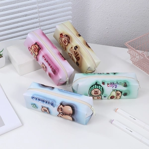 Set of four Capybara cartoon pencil cases in pink, yellow, green and blue colors