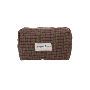 Retro green and brown plaid tweed cosmetic bag with zipper and fairy label design