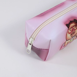 Detail of pink-purple gradient capybara pencil case with zipper and waterproof texture