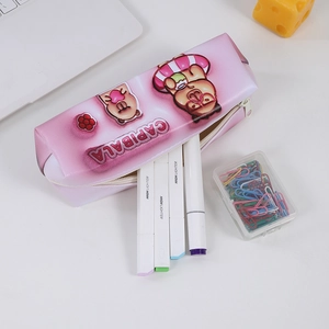 Detail view of pink Capybara pencil case with smooth zipper and internal pen storage