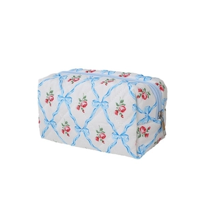 Quilted floral pencil case with blue bows and red roses, high capacity storage bag